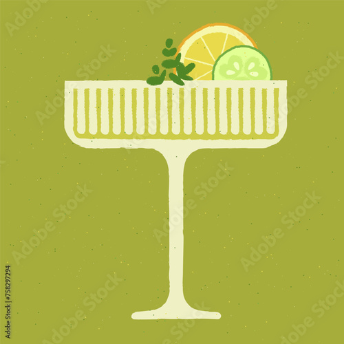 Green cocktail with lemon, herbs and cucumber. Lemonade with cucumber in a martini glass. Gin tonic. Alcohol drink for bar. Non-alcoholic beverage. Flat vector illustration with texture