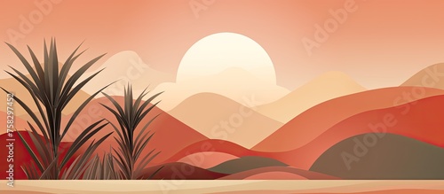 A stunning landscape painting of a desert sunset with palm trees and mountains in the background. The sky is painted in vibrant colors  creating a picturesque scene of natures beauty