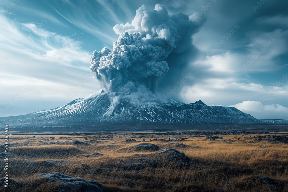 A towering plume of smoke billowing from an erupting volcano in Iceland, showcasing natures raw power.