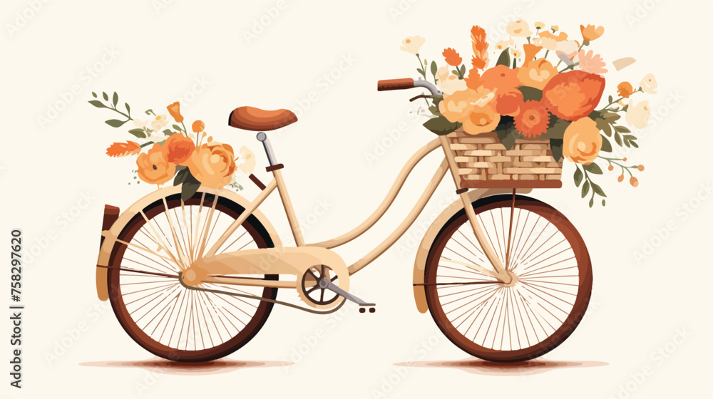 A vintage bicycle with a basket overflowing with fr