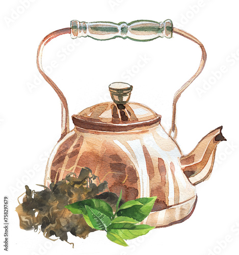 Teapot with tea leaves illustration. Watercolor green or black tea comcept painting. An old kettle with tea clipart. photo