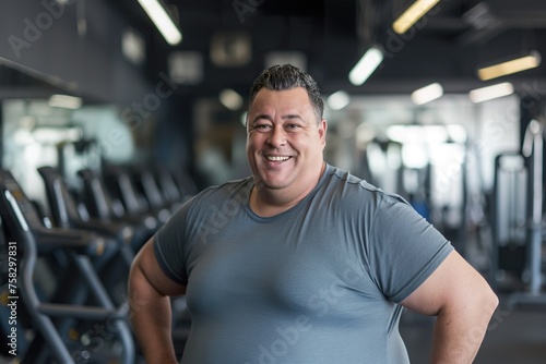 A middle-aged man stands confidently in front of exercise machines at the gym, smiling at the camera. © Joaquin Corbalan