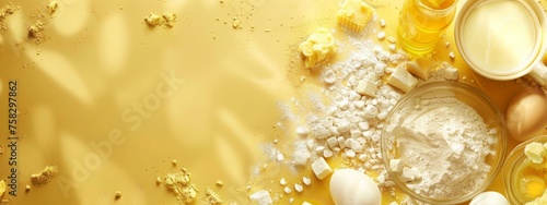 Banner with baking ingredients on yellow background. Mockup for recipe or cooking blog with eggs, flour, butter and milk. Flat lay with copy space