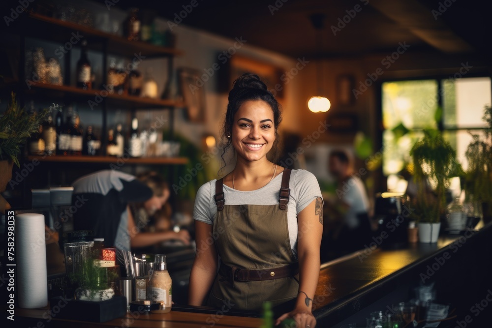 Smiling waitress in an apron standing at a wooden bar in a warm, cozy cafe