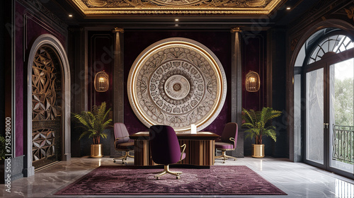 Gothic-inspired office  circular marble mosaic with intricate arches. Background Rich purple velvet.
