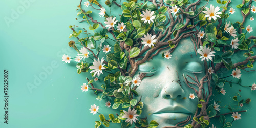 for meditating, modern 3d art for concept with blooming flowers on the face on the head beautiful flowers 