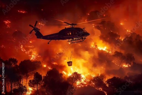 A helicopter hovers above a forest ablaze with fire, combating the flames.
