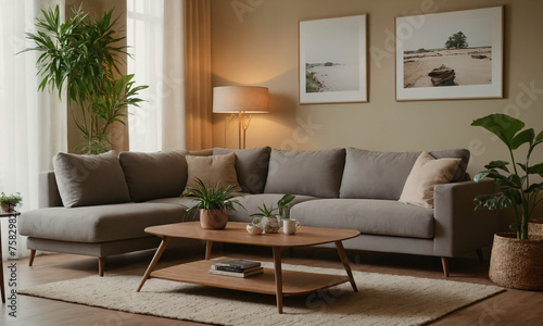 Interior of modern living room with comfortable sofa, lamp, pictures and houseplant