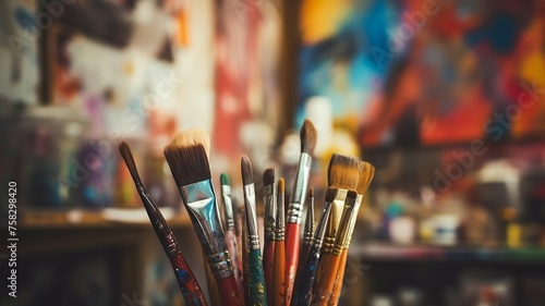 Colorful Paint Brushes in Art Studio 