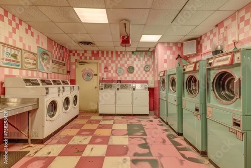 View inside a laundromat room with vintage decor and washing machines. photo