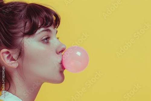 Young woman blowing up pink bubble with chewing gum on yellow background