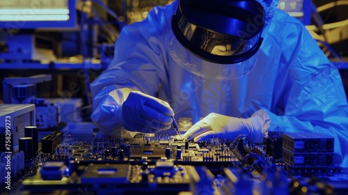 Technician in clean suit working on electronics in a lab. ©  valentinaphoenix