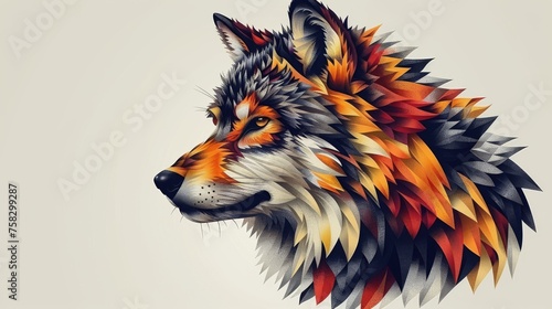 a close up of a wolf's head with orange, yellow, and red feathers on it's head.