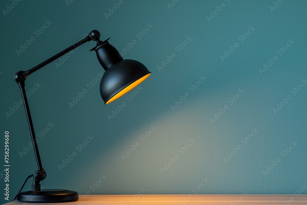 Modern table lamp with light on blue background Modern table lamp with light on blue background