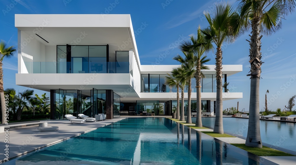 Exterior of amazing modern minimalist cubic villa with large swimming pool among palm trees. 