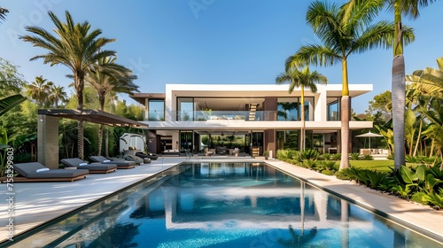 Exterior of amazing modern minimalist cubic villa with large swimming pool among palm trees.  © Ziyan
