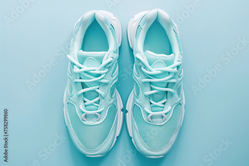 Top view of pair of modern sport shoes on blue background