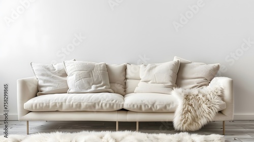 Fur rug near ivory sofa with furry fluffy pillows against white wall with copy space. Scandinavian, hygge home interior design of modern living room.