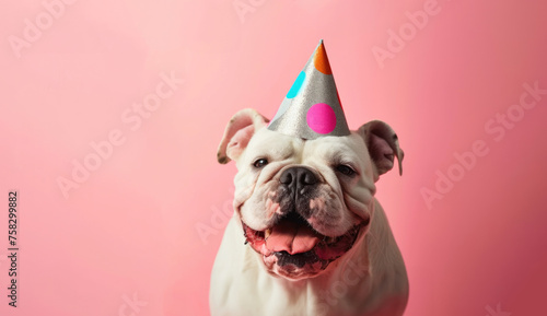 Bulldog Sitting on a Pink Background Wearing a Party Hat