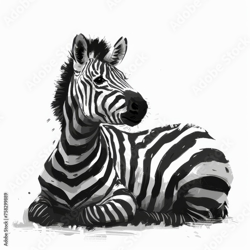 a black and white photo of two zebras laying next to each other on a white background with one zebra looking at the camera.