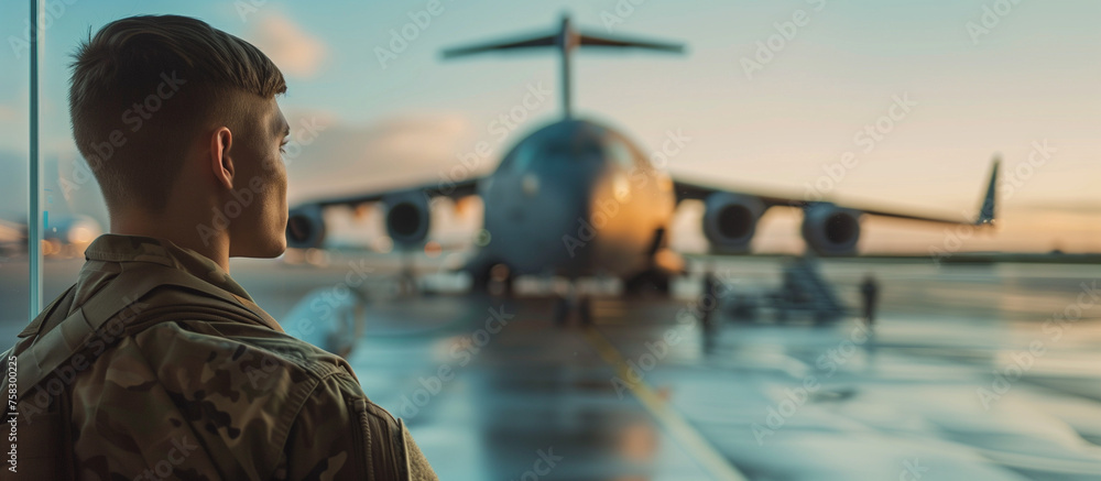 A soldier standing inside an airport terminal waiting for flight ,deployment refers to activities required to move military personnel and materials from a home installation to a specified destination - obrazy, fototapety, plakaty 