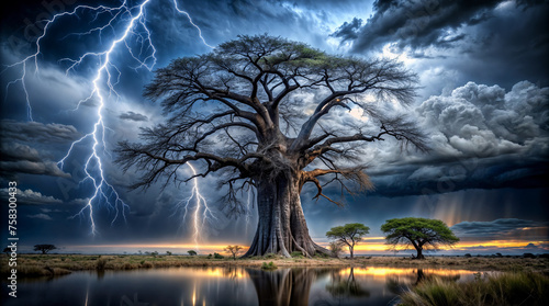 Powerful lightning illuminates alone baobab tree against a stormy sky, ideal for book covers, mystical scenes and creating a sense of raw power in design projects. photo