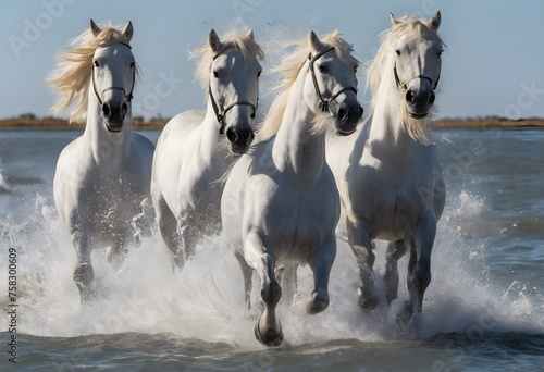 Horses galloping through the sea