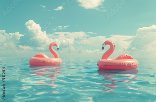 inflatable pink flamingos floating in the blue sea on a beautiful summer sunset. Happy vibes