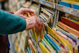 a librarian's hands organizing books and assisting patrons with research and information inquiries