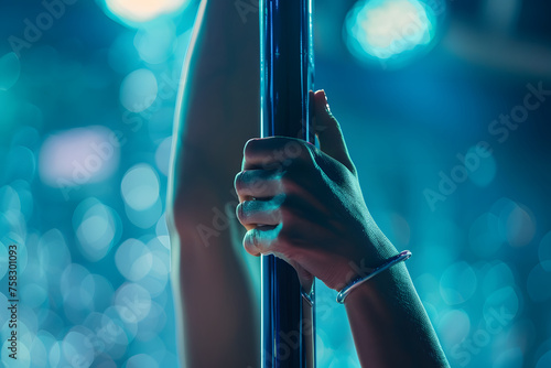 a pole dancer's hands gripping the pole and executing intricate spins and holds with strength and grace photo