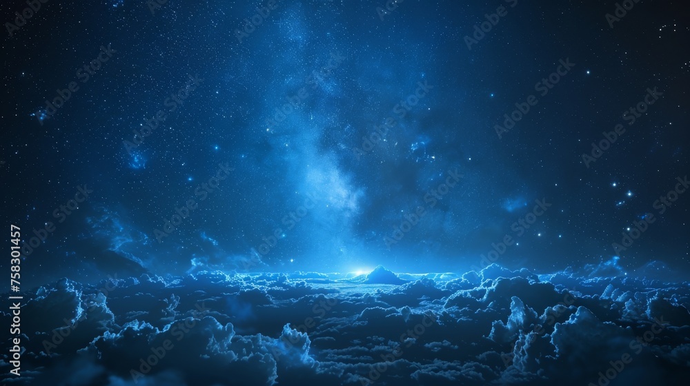 a night sky filled with stars and clouds with a bright light in the middle of the middle of the picture.