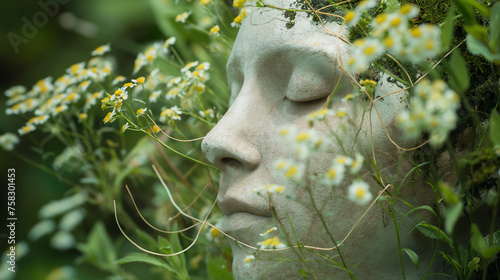 Wizualizacja rzeźby twarzy kobiety otulona kwiatami Tanacetum parthenium photo