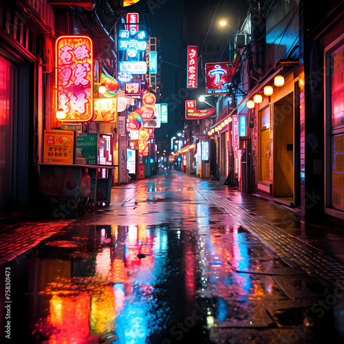 Retro-style neon signs in a rainy urban alley.