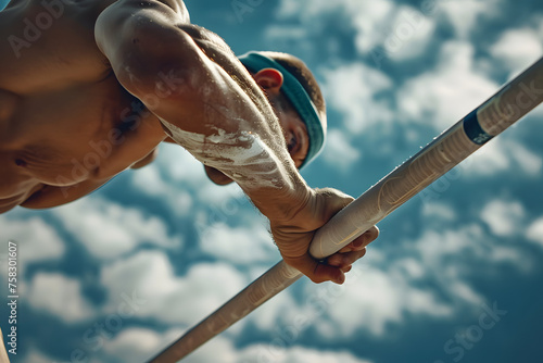 a pole vaulter's hands gripping the pole and launching themselves over the bar with precision and power