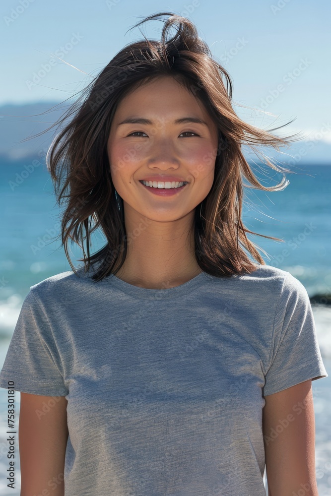 young woman wearing a gray mock-up blank bella 30001 t-shirt model, ocean background young woman wearing a gray mock-up blank bella 30001 t-shirt model, ocean background