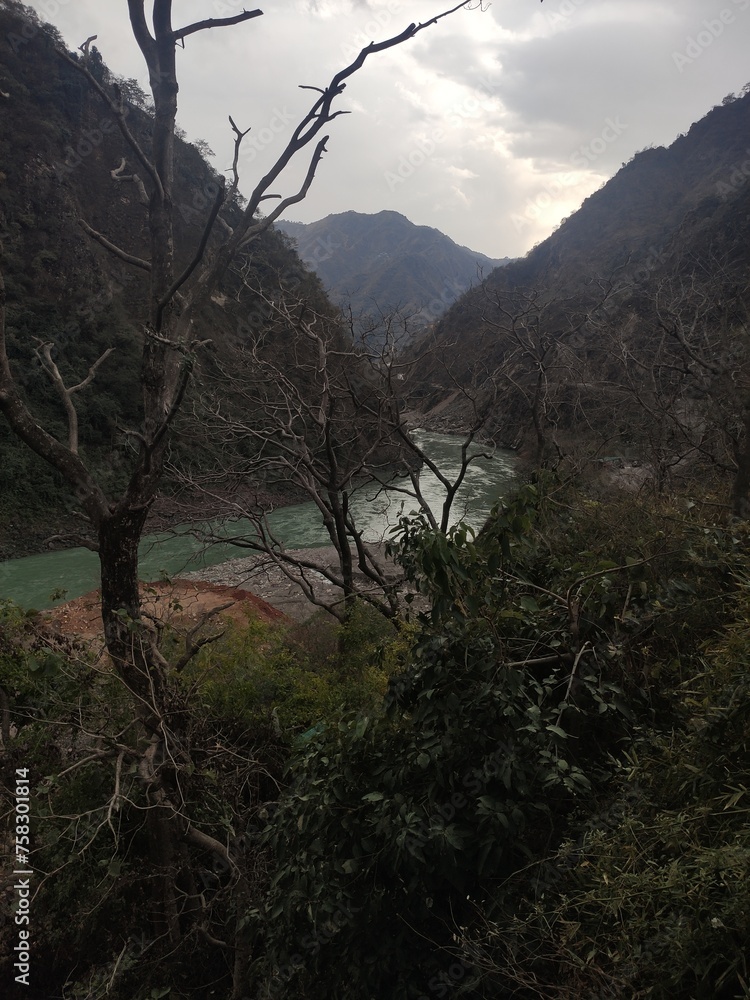 Vue en hauteur du Gange à travers une zone montagnarde et de la végétation indienne riche, belle vue naturelle, panorama, circulation de fleuve avec eau limpide en vert foncé ou clair, rayonnement