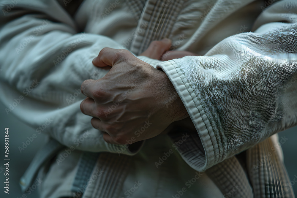 a judoka's hands gripping the opponent's gi in preparation for a powerful throwing technique