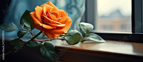A single orange hybrid tea rose is elegantly displayed in a flowerpot on a window sill, showcasing its vibrant petals and beauty #758301803