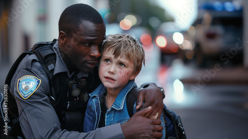 An African American police officer offers compassionate comfort to a young Caucasian boy who was lost in the city , embodying empathy and reassurance in a moment of need