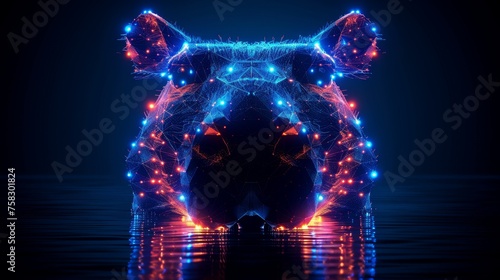 a computer generated image of a bear s head in blue  red  and orange lights on a dark background.