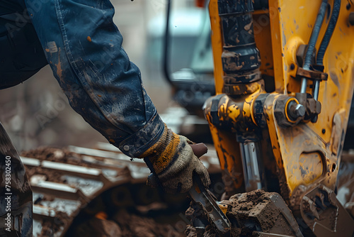 a construction worker's hands operating heavy machinery and power tools on a building site, showcasing the strength and skill in construction work