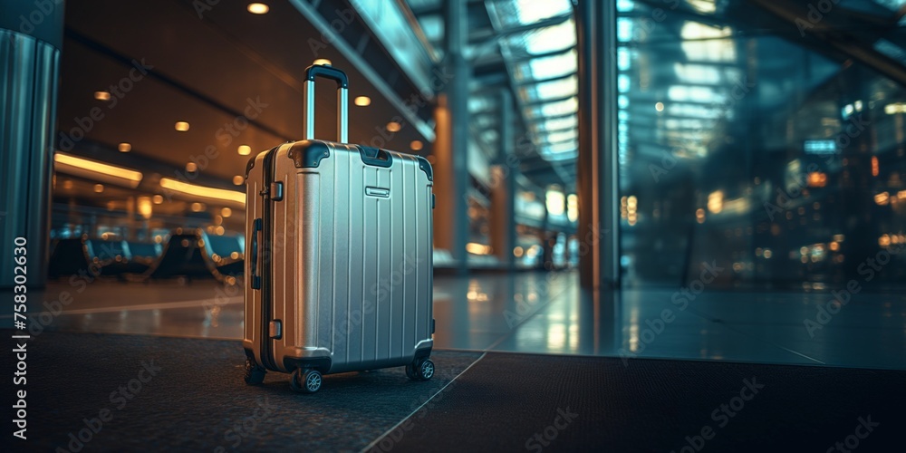 A solitary silver suitcase stands in the quiet of an empty airport terminal, bathed in the cool, ambient light of dawn, suggesting a story of travel and anticipation.