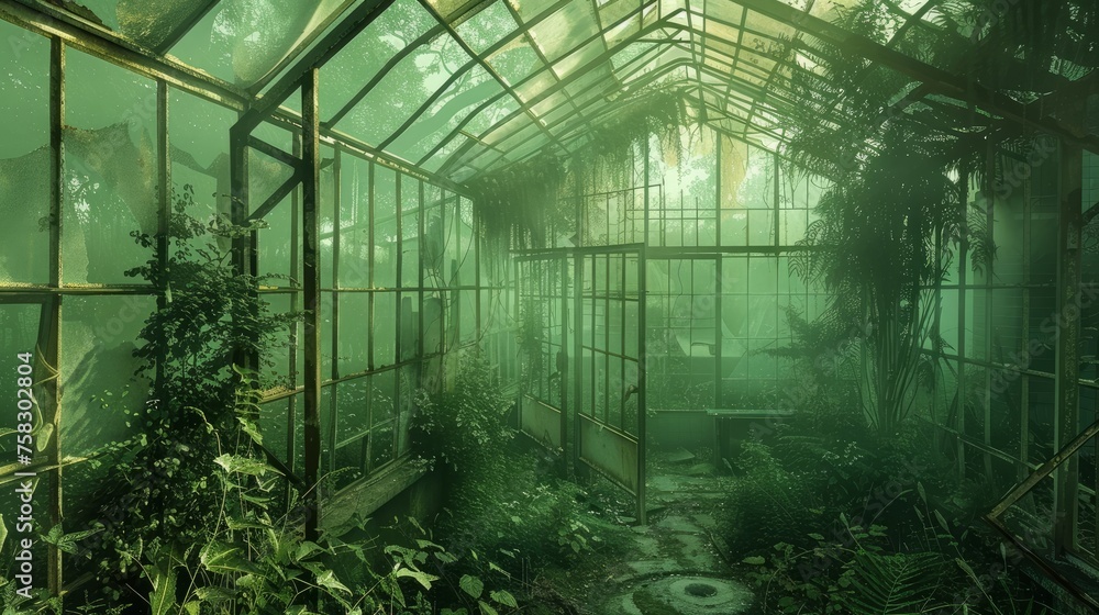 Abandoned greenhouse overtaken by nature - obrazy, fototapety, plakaty 