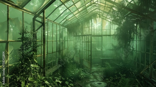 Abandoned greenhouse overtaken by nature