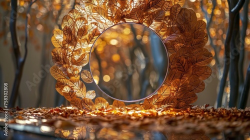 Mirror on Table Covered in Leaves