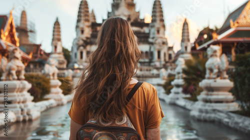 Rear view of woman with a yellow backpack is walking down on the temple of Thai