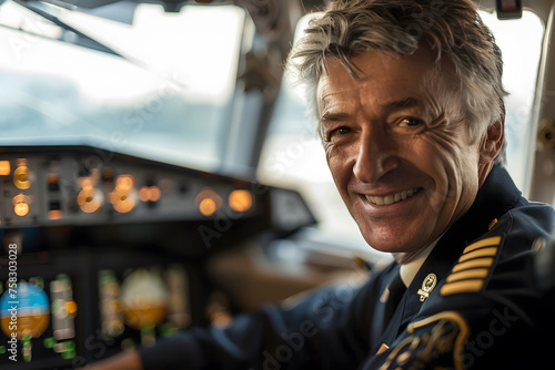Smiling pilot in cockpit of airplane photo