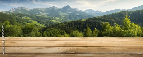 Empty wooden table with mountain and hills view background