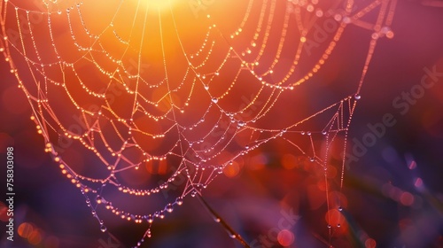 Close-up of dewdrops on spider webs at dawn