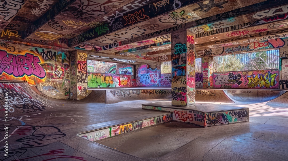 Dynamic urban skatepark with graffiti art